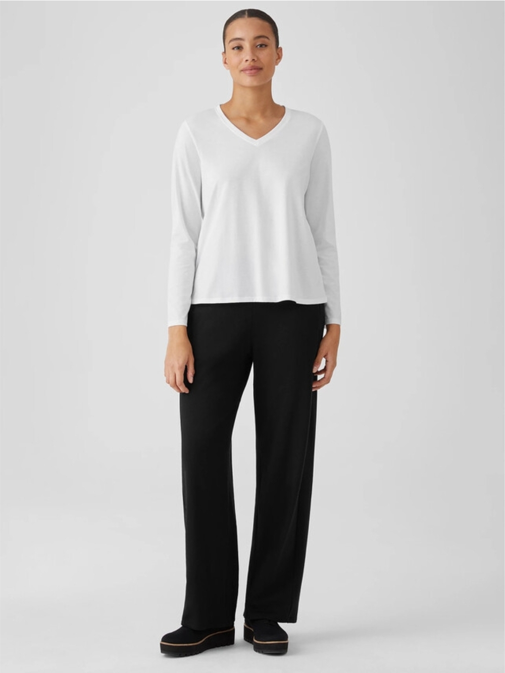 Eileen Fisher Organic Cotton White V-Neck Long Sleeve Top Sz S